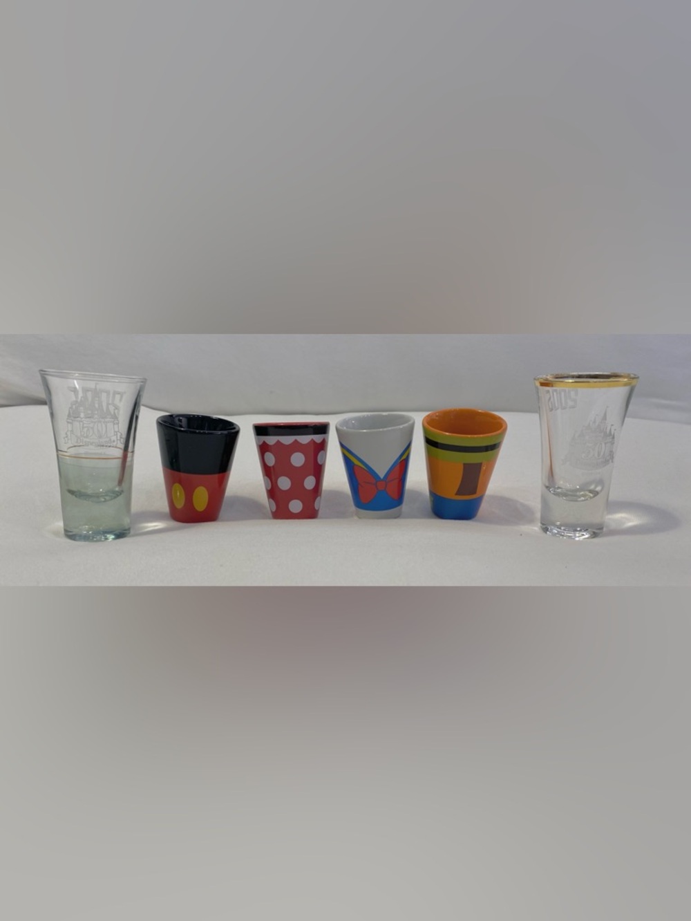 Disney 50th Anniversary & Character Shot-Etched Shot Glasses with Gold Rim 6x